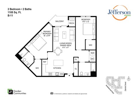 Floor plan for 2 beds, 2 baths, 1105 sqft